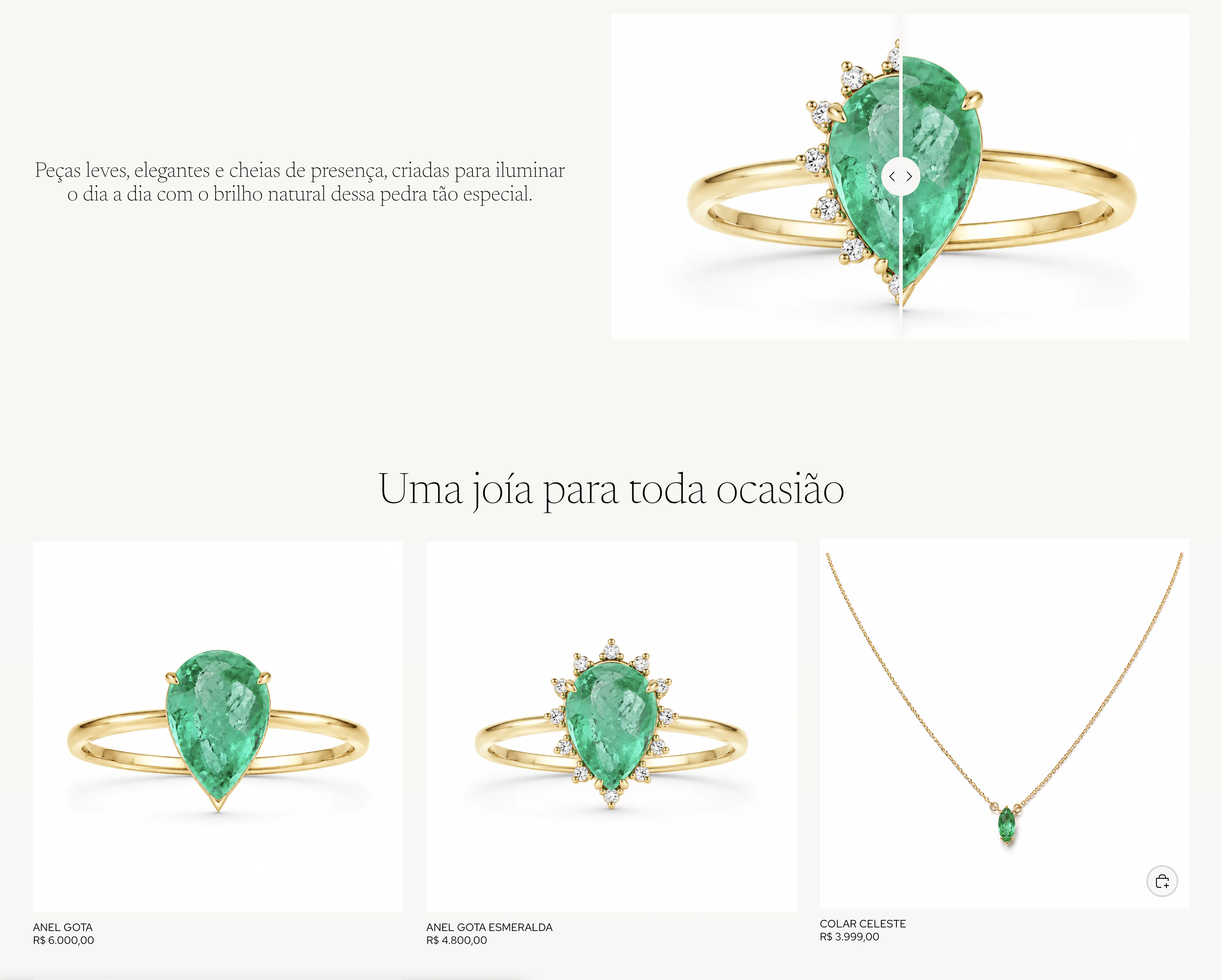 Página da Coroli Joias com produtos, coleção Aura Verde e experiência de loja online.