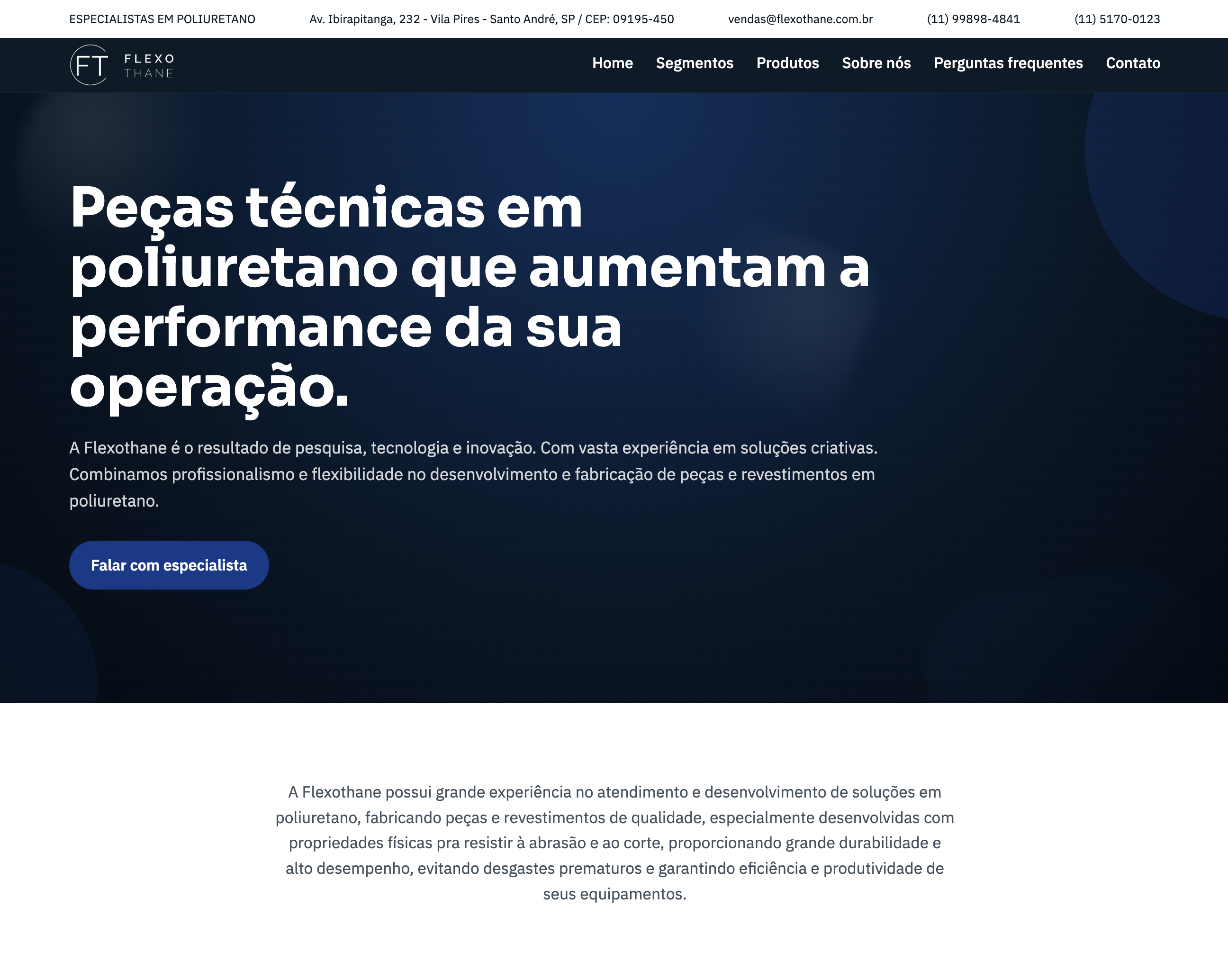 Homepage do site Flexothane em desktop