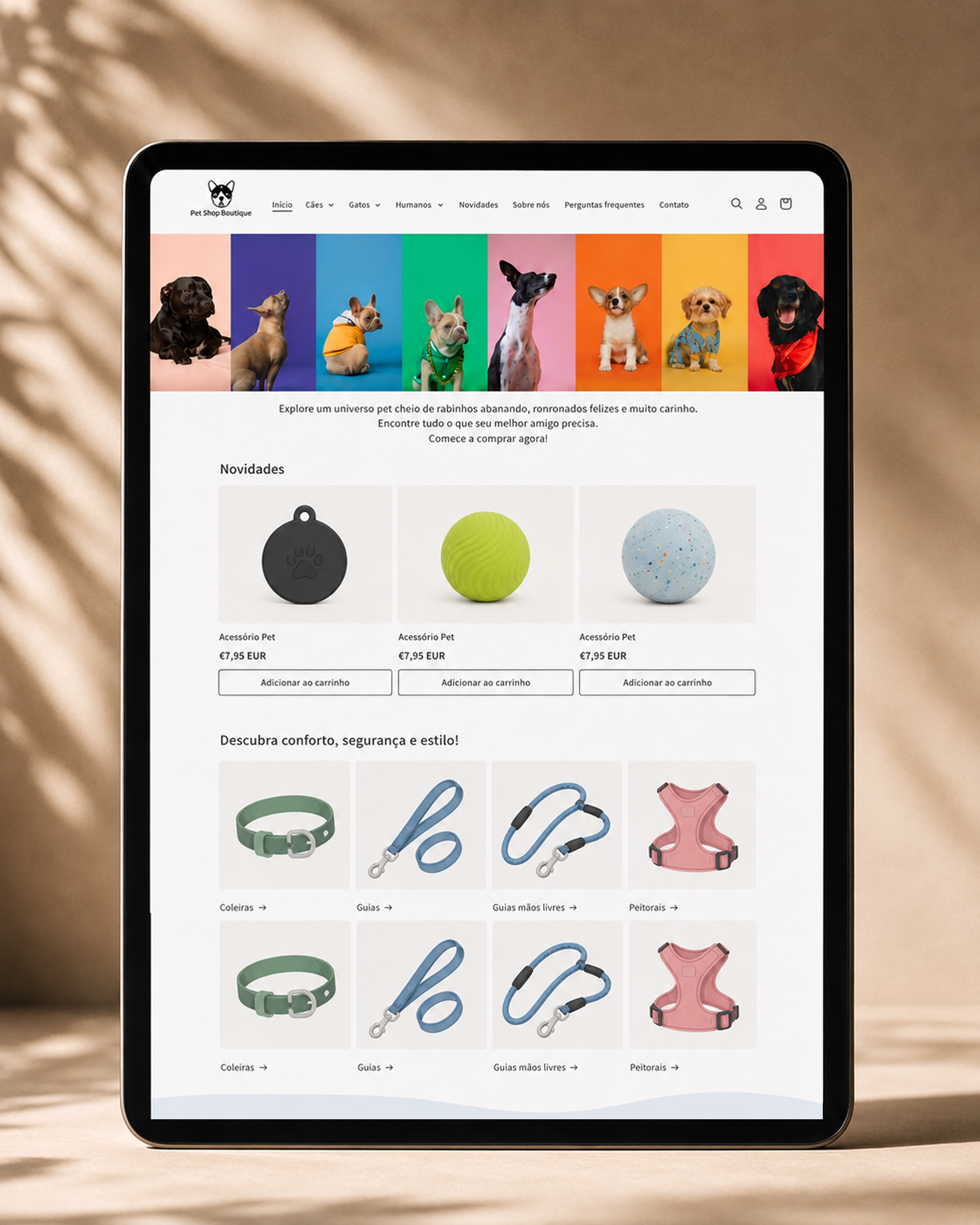 Mockup de e-commerce pet com produtos genéricos e navegação organizada